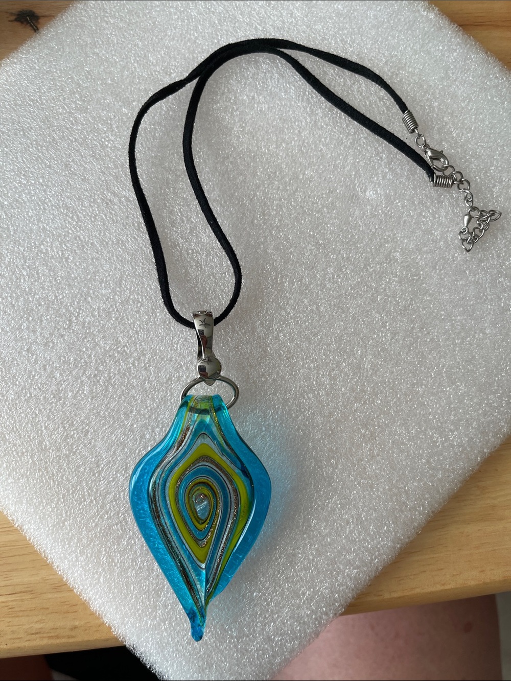 Handmade Blue Glass Teardrop Necklace with Green Accents